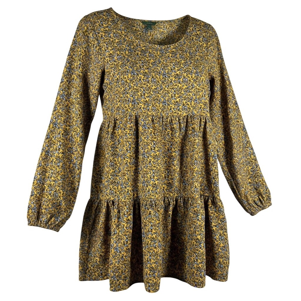Wild Fable Women's Yellow Floral Tiered Babydoll Mini Dress Long Sleeve Size L